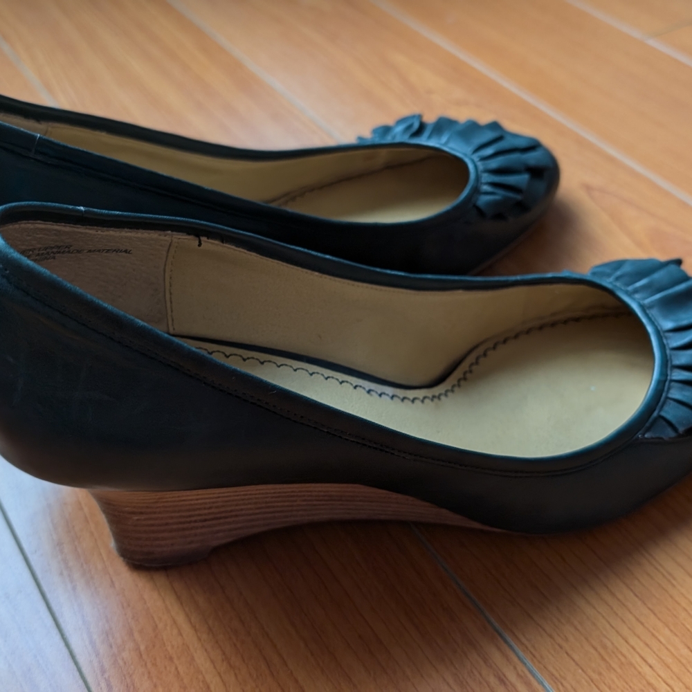 Elegant Navy Blue Leather Women's Wedges